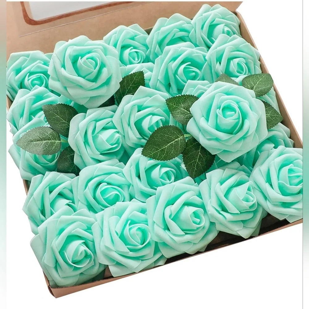 Artificial Flowers 25pcs Real Looking Robin's Egg Blue Foam Fake Stem Roses